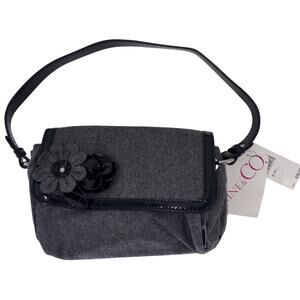 NEW Nine & Co Mr. Smith Shoulder Bag Purse Gray Wool & Black Faux Leather Flower